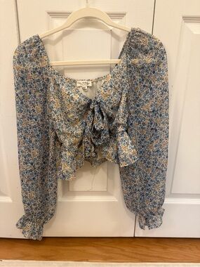 Blue and Cream Floral Tie-Front Blouse